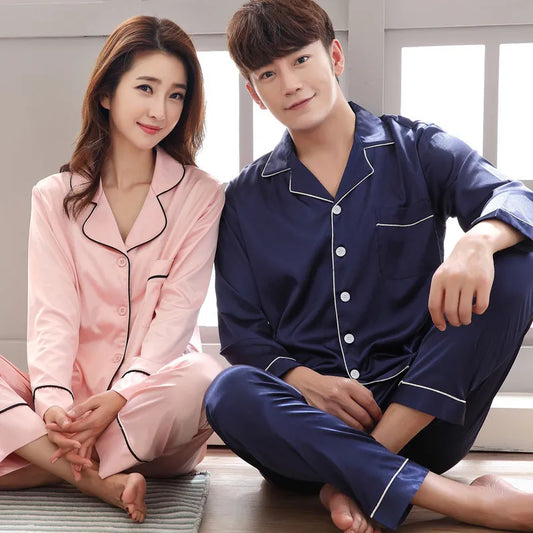 Silk Satin Couples Pajamas Set For Women Men Long Sleeve Sleepwear Pajamas Suit Home Clothing His-and-hers Clothes Pajamas