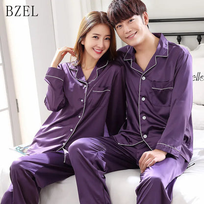 Silk Satin Couples Pajamas Set For Women Men Long Sleeve Sleepwear Pajamas Suit Home Clothing His-and-hers Clothes Pajamas