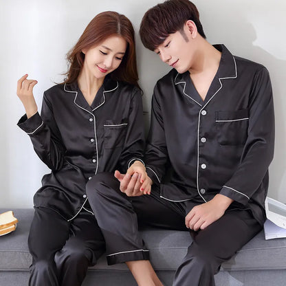 Silk Satin Couples Pajamas Set For Women Men Long Sleeve Sleepwear Pajamas Suit Home Clothing His-and-hers Clothes Pajamas