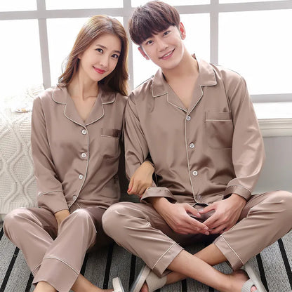 Silk Satin Couples Pajamas Set For Women Men Long Sleeve Sleepwear Pajamas Suit Home Clothing His-and-hers Clothes Pajamas