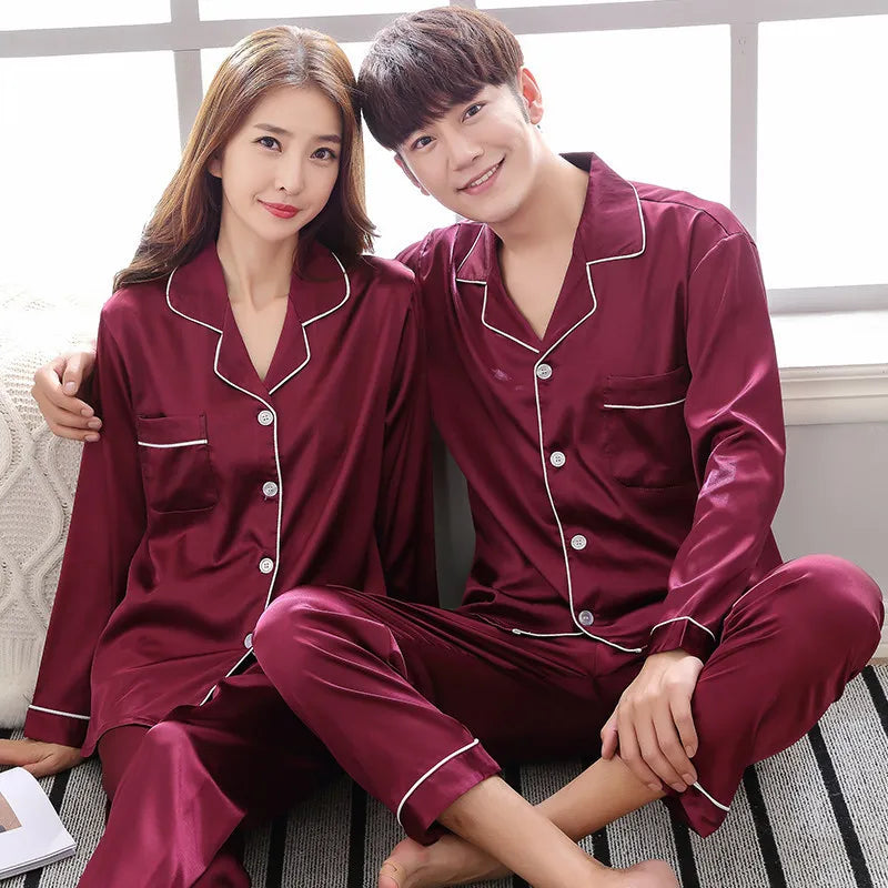 Silk Satin Couples Pajamas Set For Women Men Long Sleeve Sleepwear Pajamas Suit Home Clothing His-and-hers Clothes Pajamas