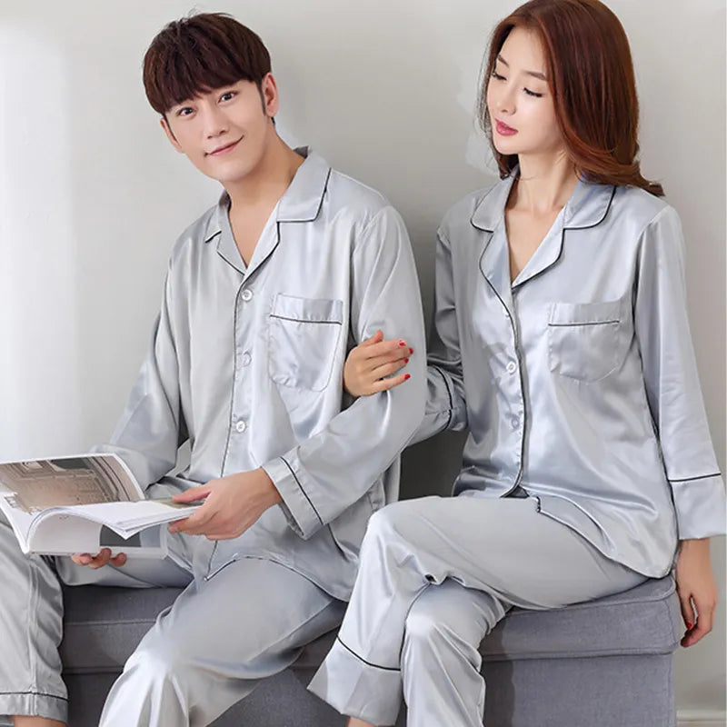 Silk Satin Couples Pajamas Set For Women Men Long Sleeve Sleepwear Pajamas Suit Home Clothing His-and-hers Clothes Pajamas