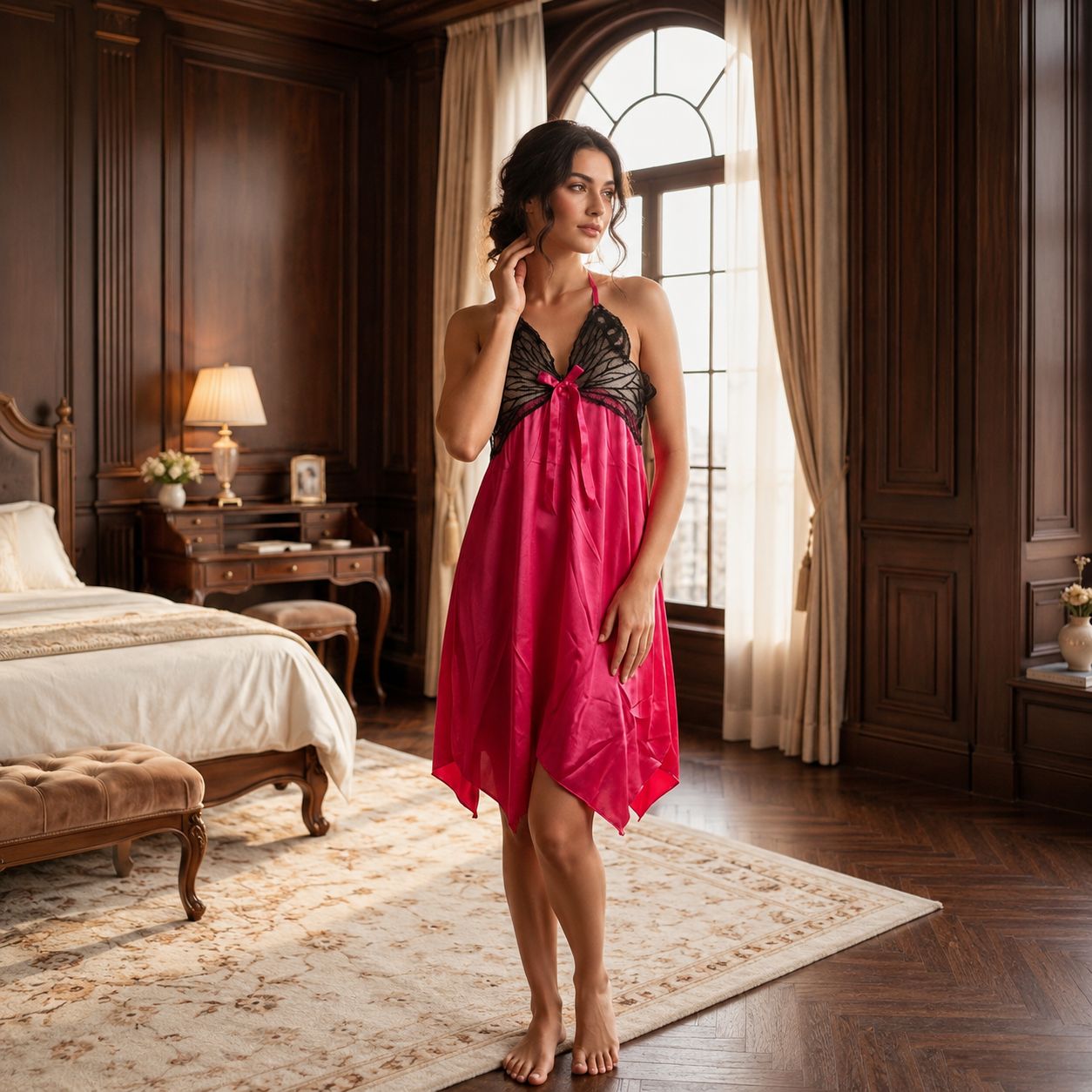 Butterfly Lace Satin Nighty Elegant Bridal Nightwear