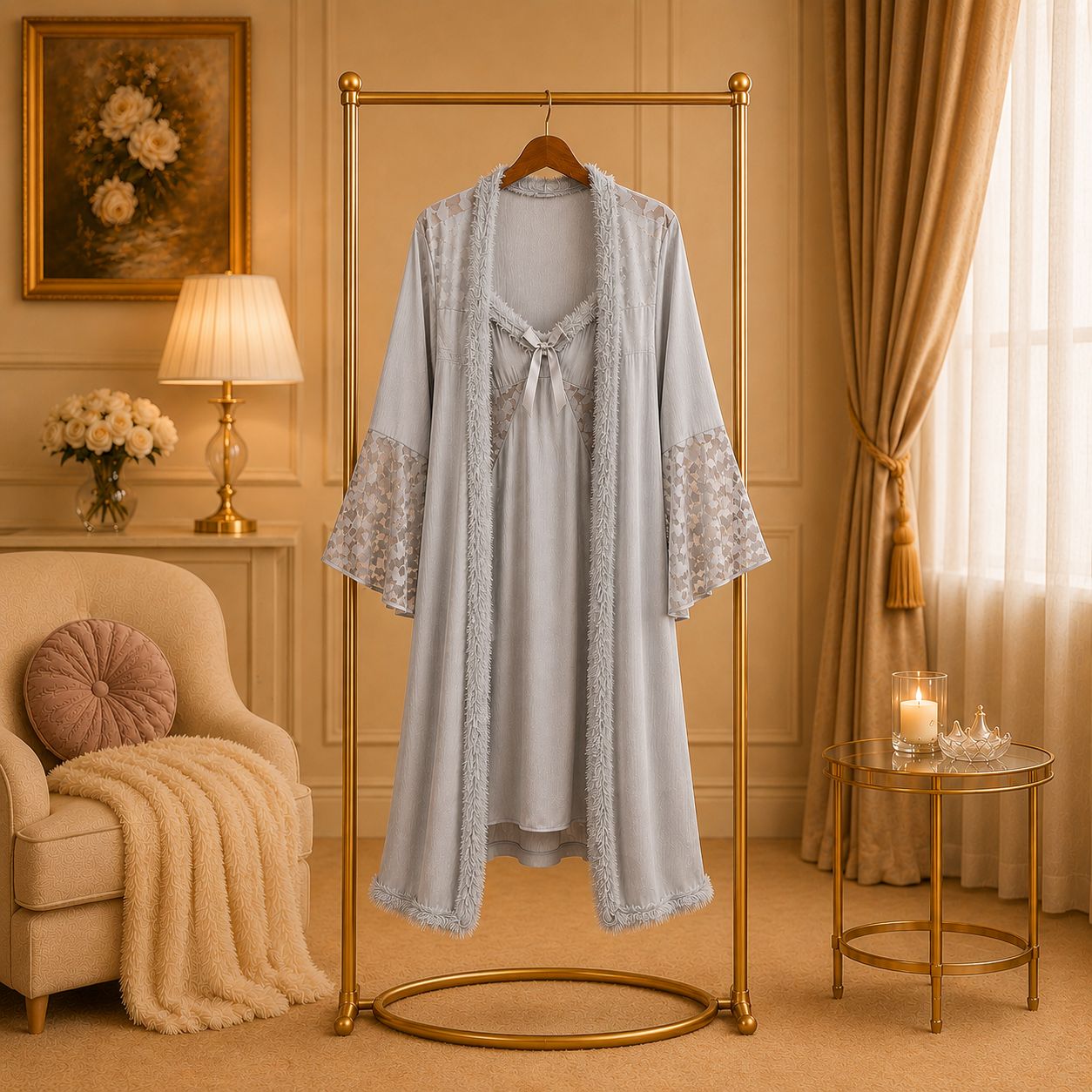 Lace Robe Nighty Set Elegant Bridal Nightwear