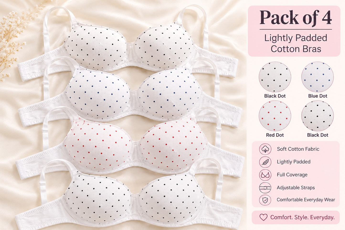 White Polka Dot Cotton Bra Pack of 4 and Pack of 6
