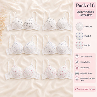 White Polka Dot Cotton Bra Pack of 4 and Pack of 6